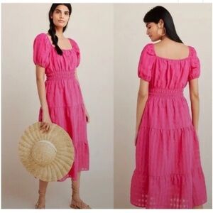 Anthropologie Francesca pink tiered midi dress with pockets boho